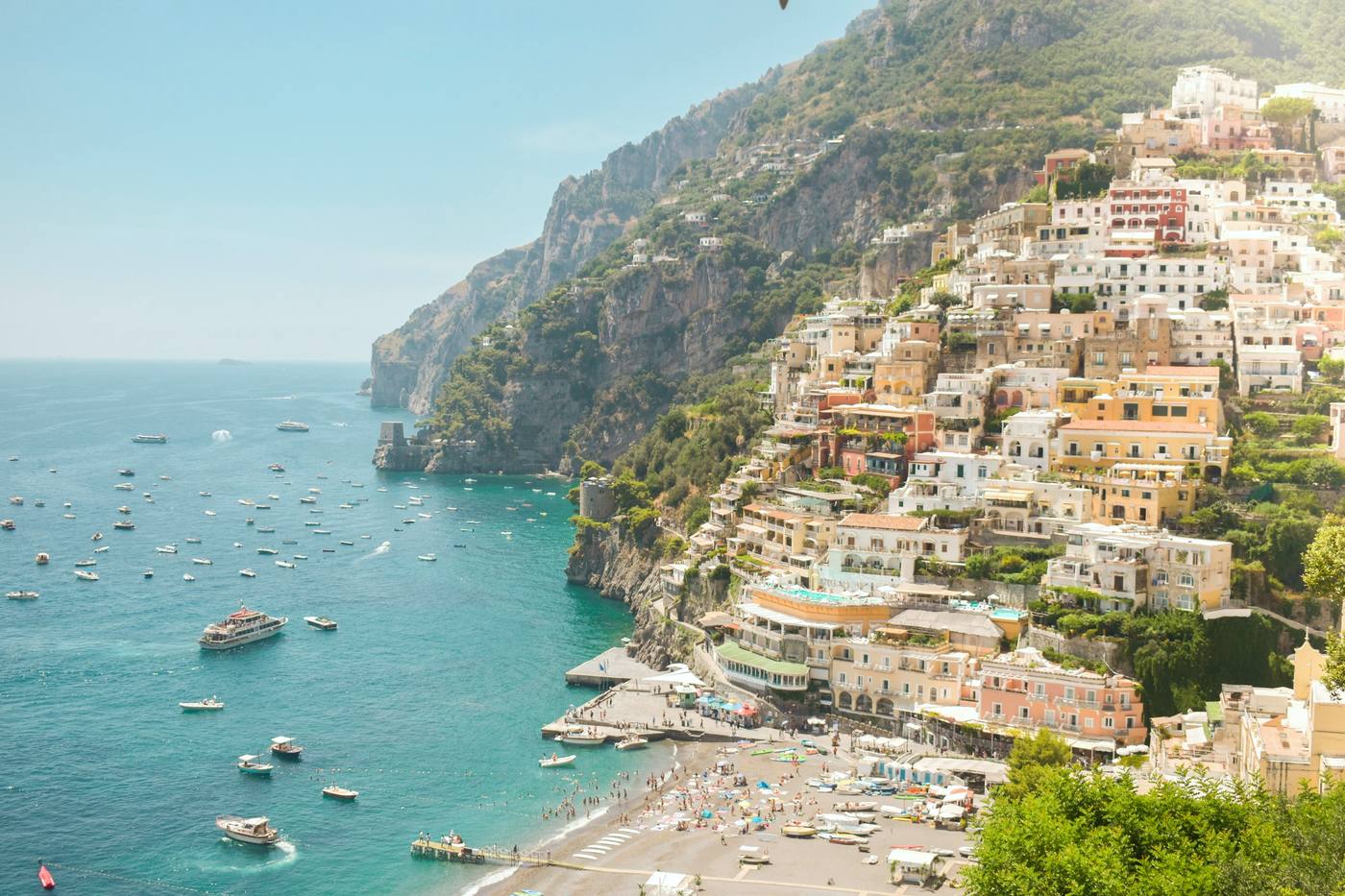 Positano’s colourful clifftop village above the sea on the Amalfi Coast, Italy